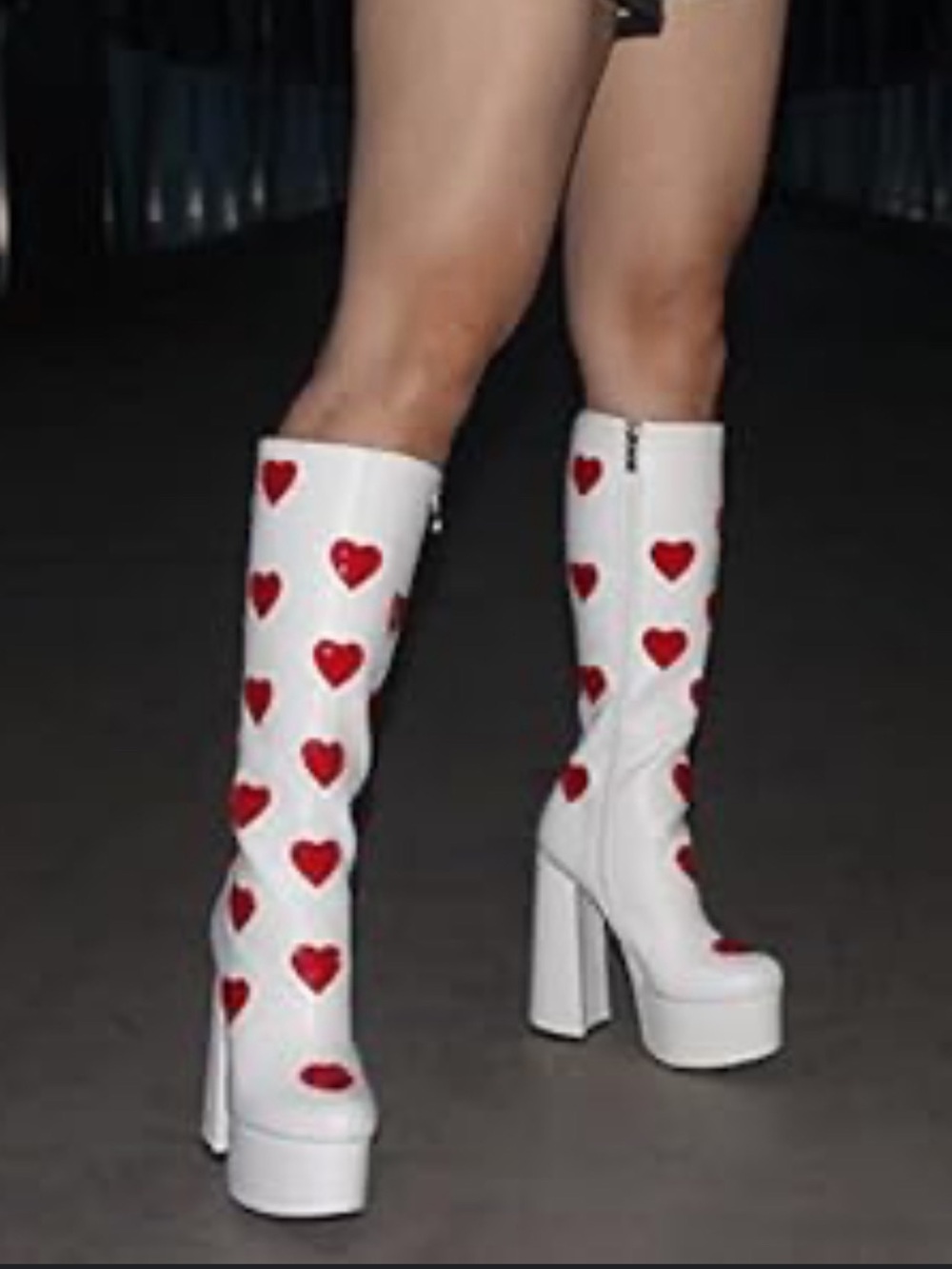 Sugar Thrillz White Knee-High Platform Boots with Red Heart Accents